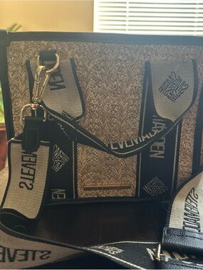 Woven Straw Tote with Black Trim and Branded Canvas Straps